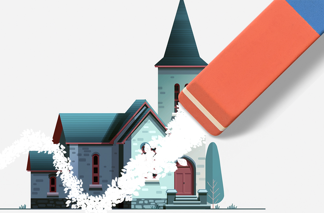 Illustration einer Kirche, die von einem überdimensionalen Radierer ausradiert wird