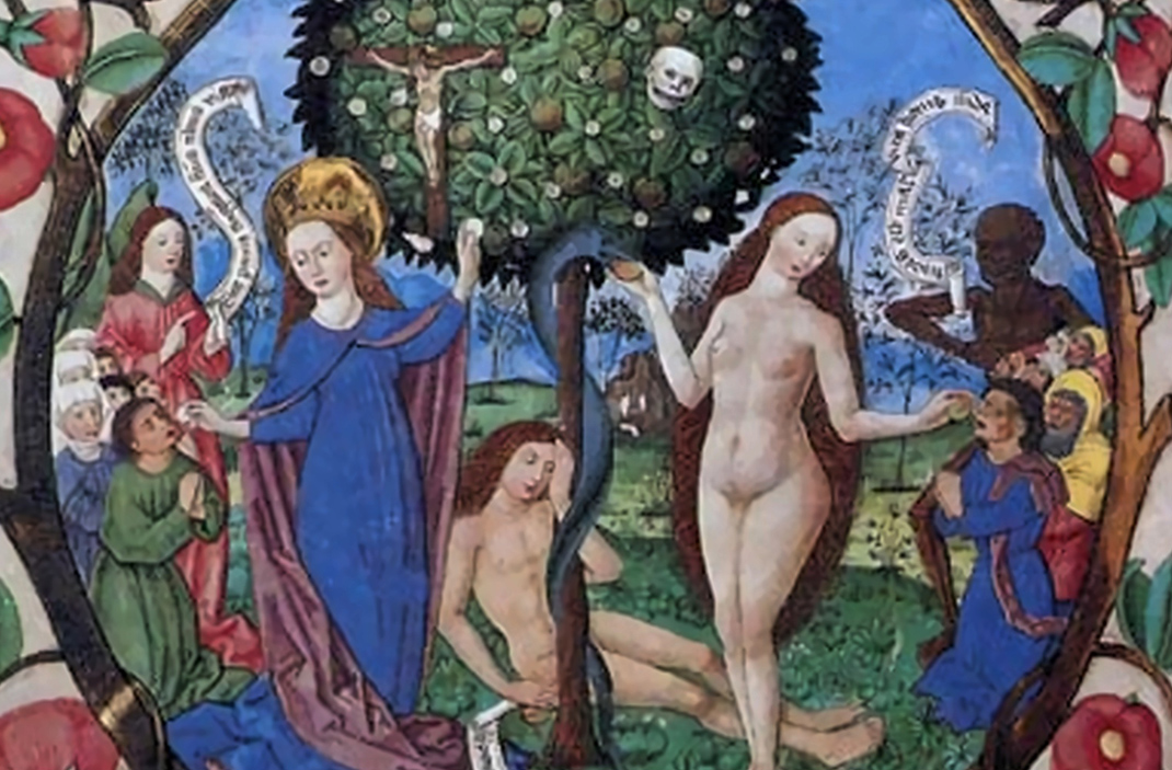 Eva und Maria am Baum des Paradieses und des Kreuzes