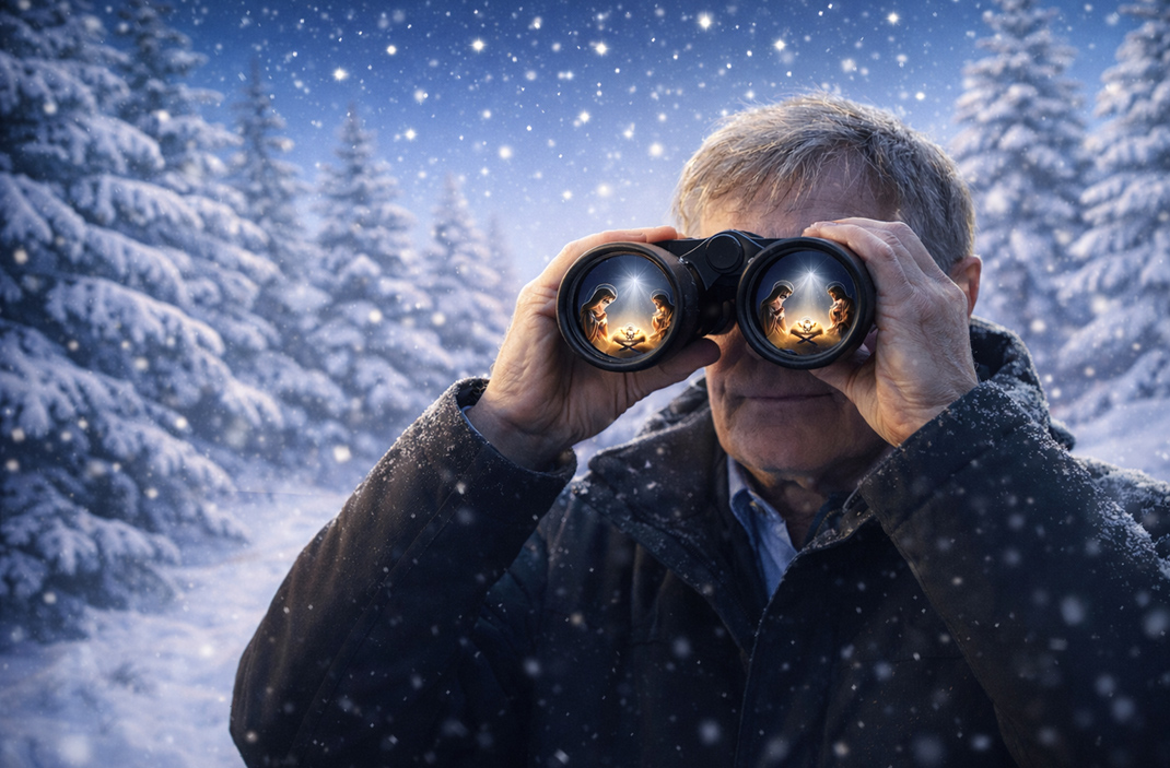 Helmut Müller betrachtet das Geschehen von Betlehem wie durch ein Fernglas