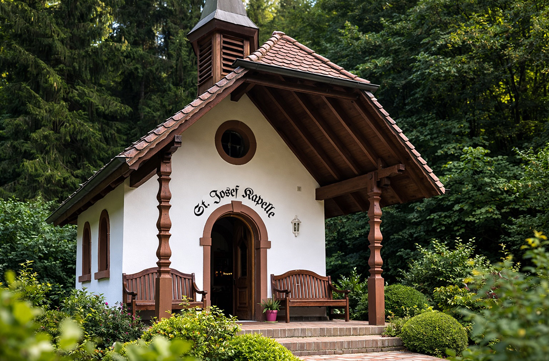 Kleine St. Josef Kapelle im Wald mit Sitzbänken und Eingang