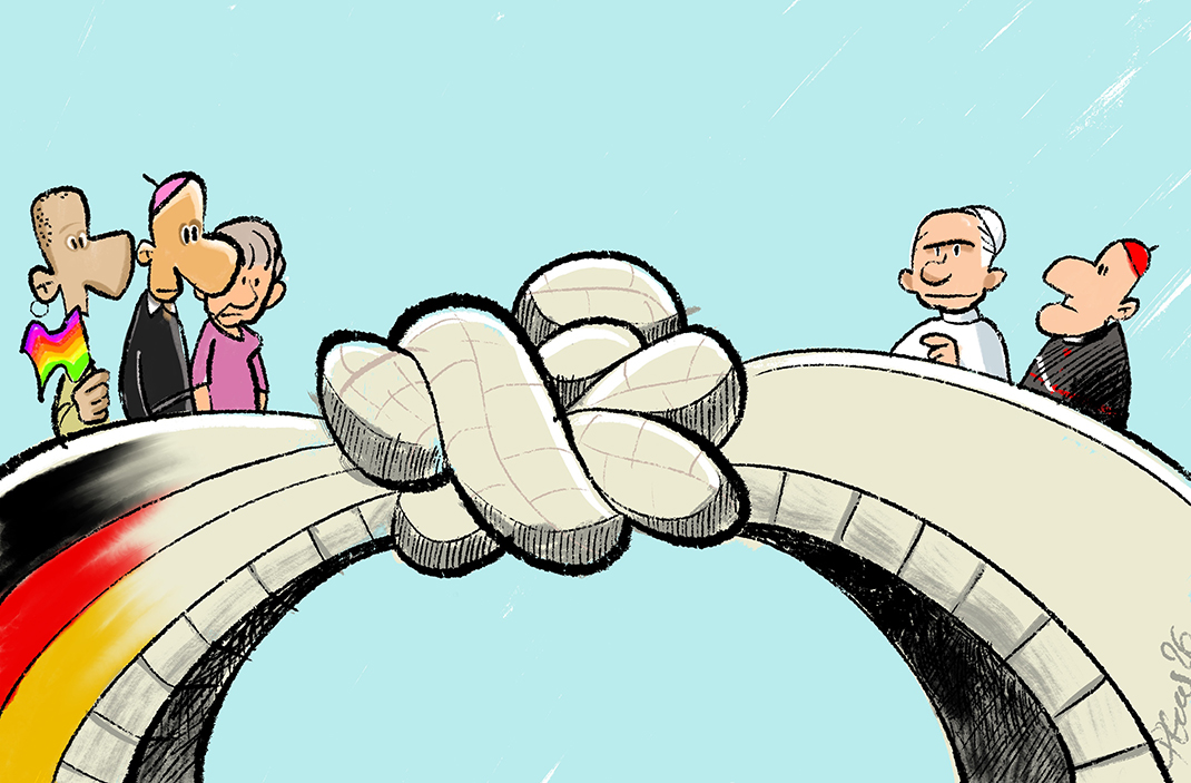 Zwei Parteien – römische und deutsche kirchliche Verhgandlungspartner – bauen eine diplomatische Brücke aufeinander zu. Aber sie bleibt unpassierbar, da sie in der Mitte verknotet ist.